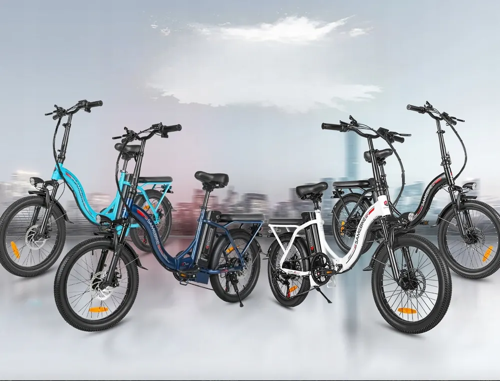 Vélo électrique pliant Samebike CY20 bleu dans son emballage d'origine
